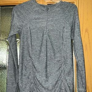 womens gray with white mixed in athletic jacket with holes in sleeve for thumbs